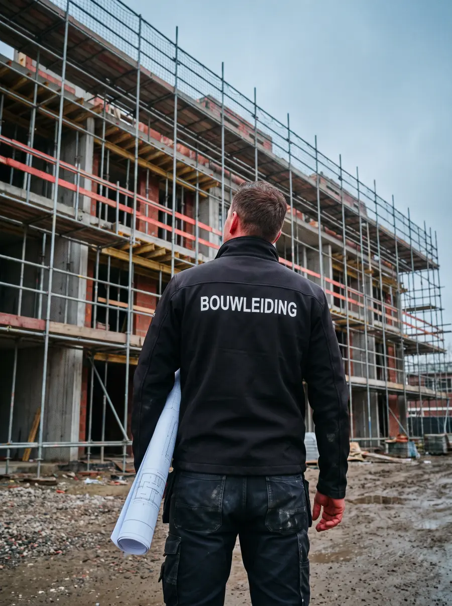 Bouwleider in werkjas kijkt met een rol bouwtekeningen onder de arm omhoog naar een woningbouwproject in de steigers